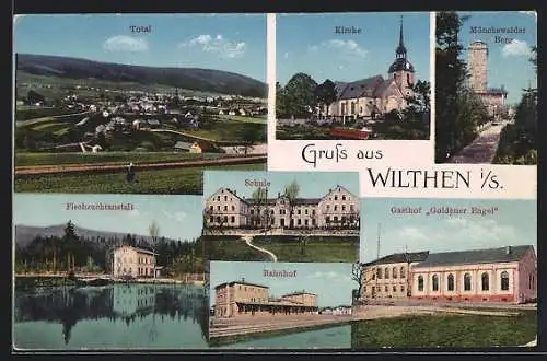 AK Wilthen i. S., Gasthof Goldener Engel, Fischzuchtanstalt, Bahnhof
