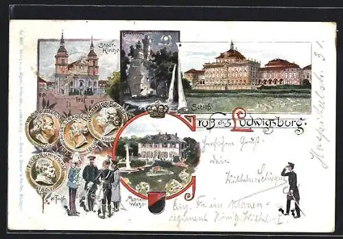 Lithographie Ludwigsburg / Württ., Schloss, Stadt-Kirche, Marienwahl