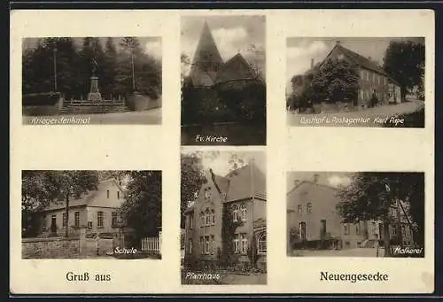 AK Neuengesecke, Kriegerdenkmal, Ev. Kirche, Schule, Pfarrhaus, Molkerei, Gasthof und Postagentur Karl Pape