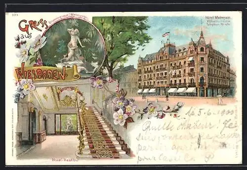 Lithographie Wiesbaden, Hotel Metropole, Vestibül, Brunnengruppe i. Wintergarten