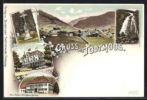 Lithographie Todtmoos, Gasthof zum Löwen, Hotel Kurhaus, Wasserfall