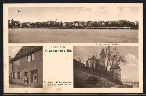 AK St. Sebastian a. Rh., Bäckerei und Colonialwaren-Handlung Peter Müller, Partie an der Kirche, Totalansicht