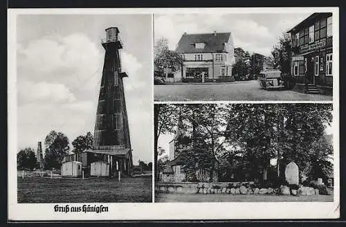 AK Hänigsen, Erdölbohrturm, Gastwirtschaft H. Rahde, Kirche und Denkmal