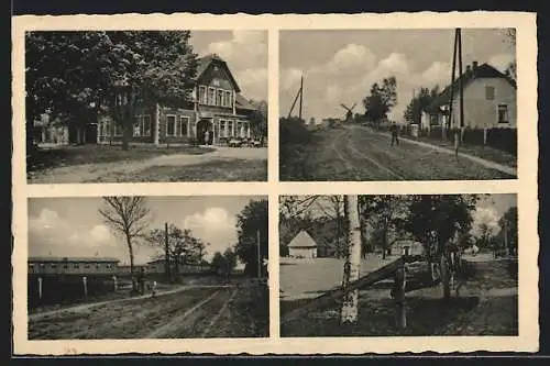 AK Hüttenbusch-Vieh, Gasthaus Zum Schützenhof v. Joh. Bohling, Ortspartie mit Blick zur Windmühle