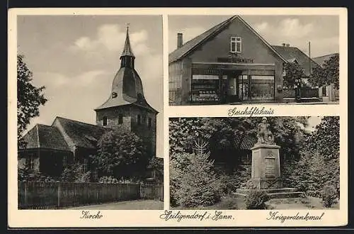 AK Heiligendorf i. Hann., Geschäftshaus von Hugo Spanuth, Kriegerdenkmal, Kirche