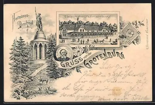 Lithographie Detmold, Gruss von der Grotenburg, Hermannsdenkmal, Gasthof zum Hermannsdenkmal