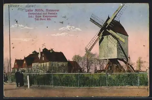 AK Hannover, Gasthaus Lister Mühle H. Kasprzewski mit Windmühle