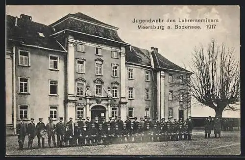 AK Meersburg /Bodensee, Jugendwehr des Lehrerseminars vor dem Seminargebäude, 1917
