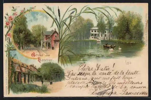 Lithographie Hanerau, Strassenpartie im Ort, Gasthaus am Teich
