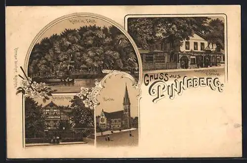 Lithographie Pinneberg, Kirche, Gasthaus zur Eiche, Bahnhofshotel