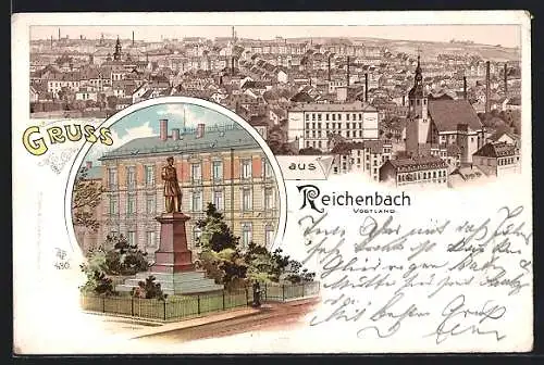 Lithographie Reichenbach i. V., Teilansicht und Denkmal