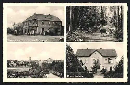 AK Gross-Dubrau, Verbrauchergenossenschaft Bautzen, Wasserturm, Kriegerdenkmal, Rehe