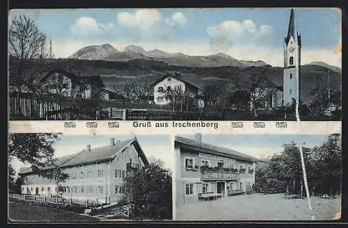 AK Irschenberg, Gasthaus, Teilansicht mit Kirche und Bergpanorama