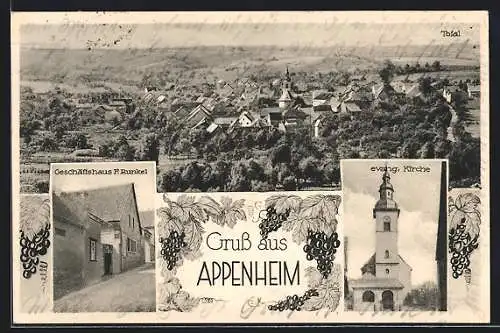 AK Appenheim, Geschäftshaus F. Runkel, Ev. Kirche, Totalansicht