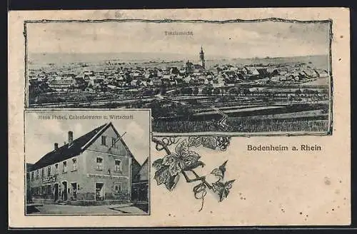 AK Bodenheim a. Rhein, Ortspanorama und Haus Hubel Colonialwaren