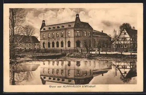 AK Klipphausen /Wilsdruff, Gaststätte Concert-Ball-Saal und benachbarte Gebäude, vom Wasser gesehen