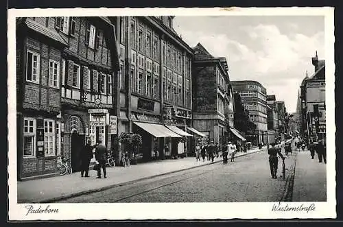 AK Paderborn, Westernstrasse mit Hotel, -Fahnen