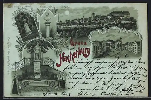 Mondschein-Lithographie Hachenburg, Alter Markt, Kaiser Wilhelm-Denkmal, Ortsansicht