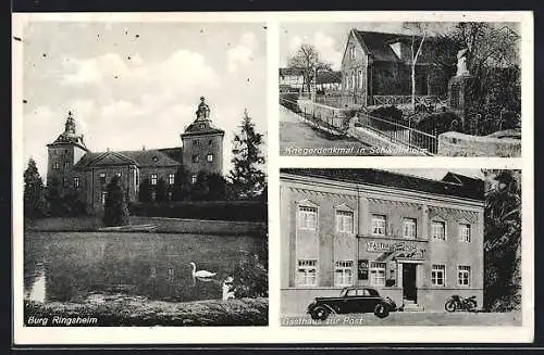 AK Ringsheim, Gasthaus zur Post W. Schnicke, Burg, Kriegerdenkmal Schweinheim