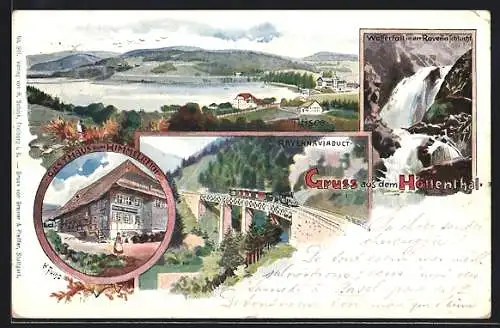 Lithographie Titisee, Gasthaus zum Himmelreich, Ortsansicht mit See, Ravennaviaduct