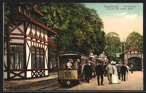 AK Magdeburg-Herrenkrug, Ankunft der Strassenbahn