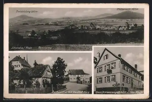 AK Schondra /Rhön, Ortspartie mit Gasthof Förg, Gemischtwaren Otto Kraft, Panorama mit Dreistelzberg u. Mettermich