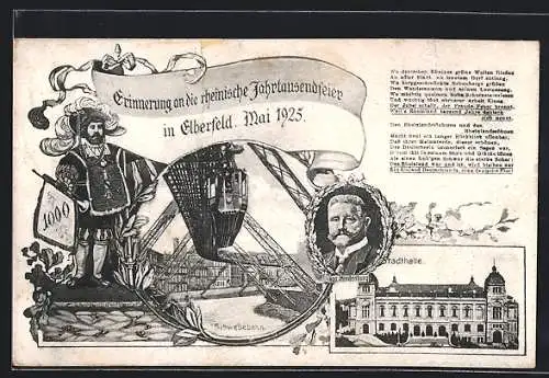 AK Elberfeld, Rheinische Jahrtausendfeier 1925, Zeremonienmeister, Schwebebahn, Stadthalle, Bismarck, Festpostkarte