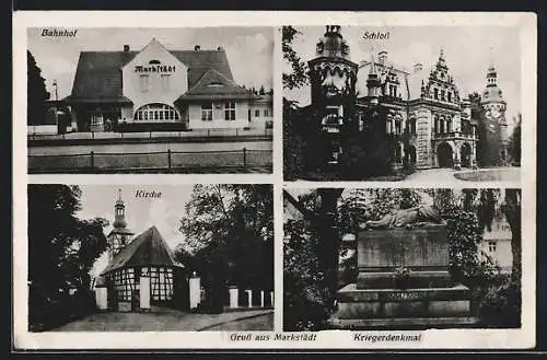 AK Markstädt, Bahnhof, Kriegerdenkmal, Schloss und Kirche