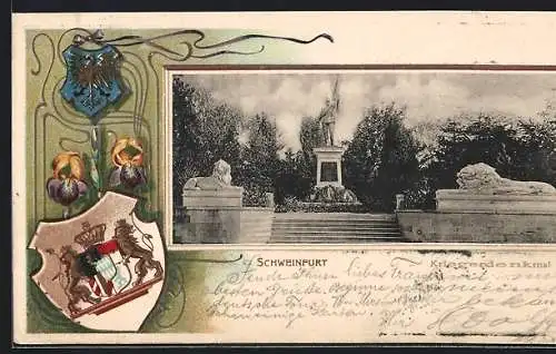 Passepartout-Lithographie Schweinfurt, Kriegerdenkmal, Wappen, Blumen