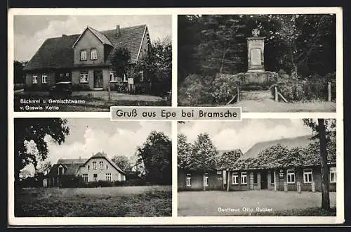 AK Epe bei Bramsche, Bäckerei Goswin Kotte, Gasthaus Otto Robker, Kriegerdenkmal