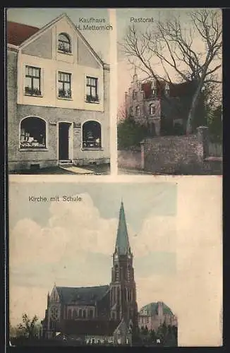 AK Vochem, Kaufhaus H. Metternich, Pastorat, Kirche mit Schule
