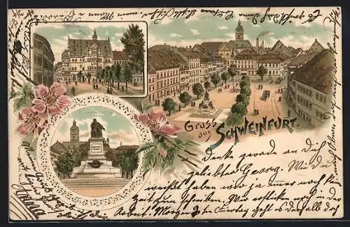 Lithographie Schweinfurt, Rückertdenkmal, Rathaus, Marktplatz
