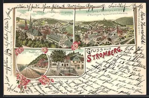Lithographie Stromberg / Hunsrück, Restaurant d. Fustenburg, Bahnhof, Markt mit Kriegerdenkmal