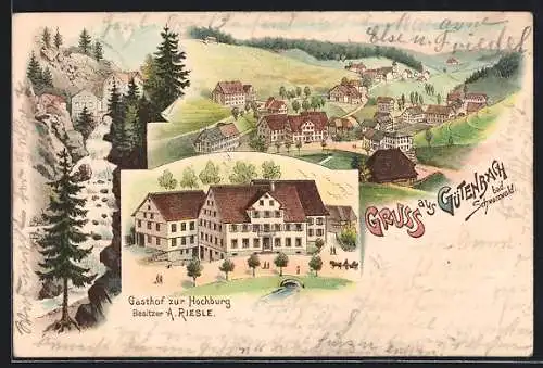 Lithographie Gütenbach /Schwarzwald, Gasthof zur Hochburg, Gesamtansicht