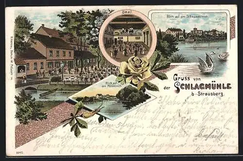 Lithographie Strausberg, Gasthaus Schlagmühle mit Saal, Blick auf den Schwanenteich