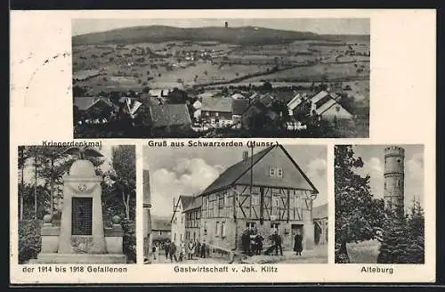 AK Schwarzerden / Hunsrück, Gasthaus Jakob Kiltz, Alteburg, Kriegerdenkmal, Ortsansicht