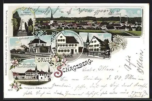 Lithographie Schrozberg, Brauerei & Gasthof zum Lamm, Bahnhof, Kaiser Denkmal, Haushaltungsschule mit Schloss