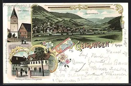 Lithographie Geislingen / Kocher, Gasthof zum Ochsen, Kirche, Rathaus, Postgebäude, Gesamtansicht