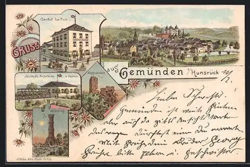 Lithographie Gemünden i. Hunsrück, Gasthof zur Post, Festhalle mit Kegelbahn u. Garten