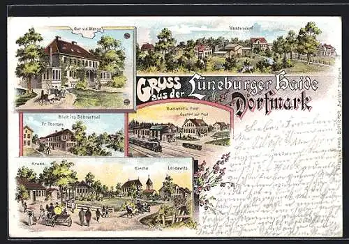 Lithographie Dorfmark /Lüneburger Haide, Bahnhof u. Post, Gasthof zur Post, Kirche
