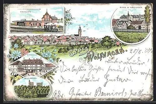 Lithographie Wolfhagen, Bahnhof, Burg zu Wolfhagen, Rathaus