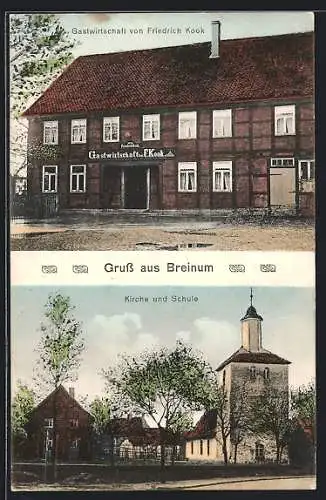 AK Breinum, Gasthaus von Friedrich Kook, Kirche und Schule