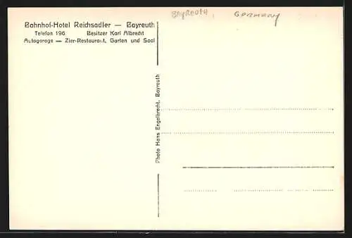 AK Bayreuth, Bahnhof-Hotel Reichsadler von Karl Albrecht