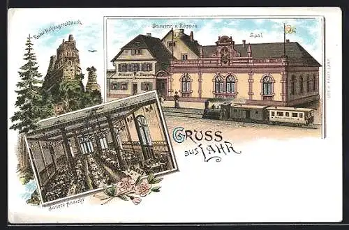 Lithographie Lahr / Baden, Gasthaus - Brauerei zum Rappen, Ruine Hohengeroldseck