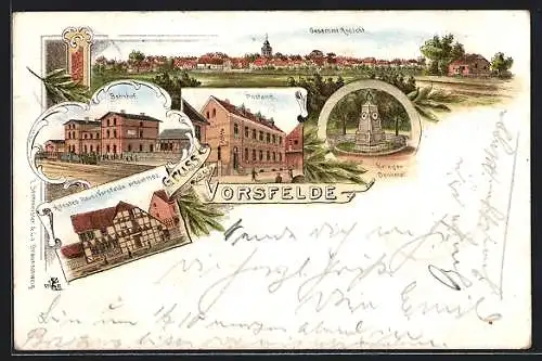 Lithographie Vorsfelde, Bahnhof, Postamt, Kriegerdenkmal
