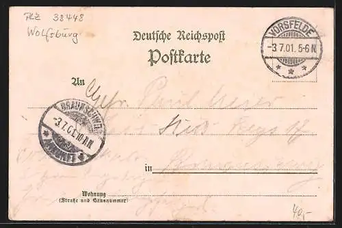 Lithographie Vorsfelde, Bahnhof, Postamt, Kriegerdenkmal