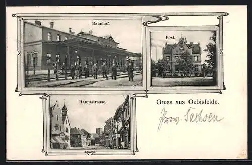 AK Oebisfelde, Bahnhof, Post, Hauptstrasse