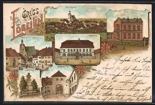 Lithographie Löbejün, Markt, Rathaus, Post, Hallesches Thor