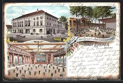 Lithographie Dresden-Pieschen, Gasthof Stadt Bremen mit Cafe-Garten, Leipziger Strasse Ecke Moritzburger