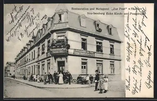 AK Neu-Isenburg, Restaurant und Metzgerei zur Post von Th. Hörr, Ecke Kirch- und Poststrasse
